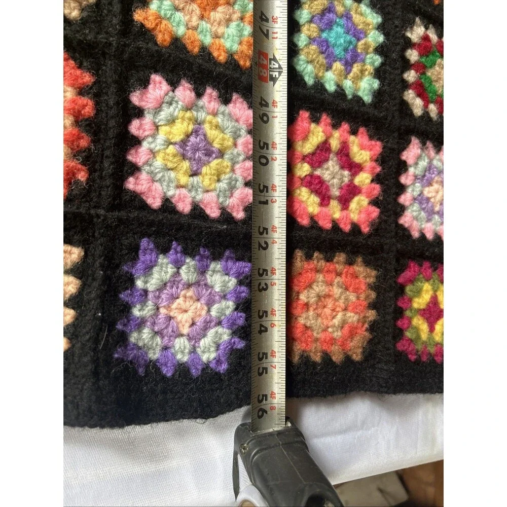Vtg 1970s Heavy Granny Square Afghan Blanket 56x76 Black Border Retro Throw